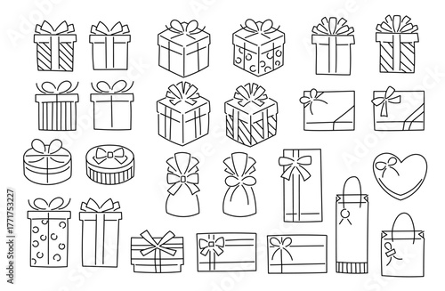  シンプルでゆるい手描きプレゼントボックス（白背景・黒ライン）