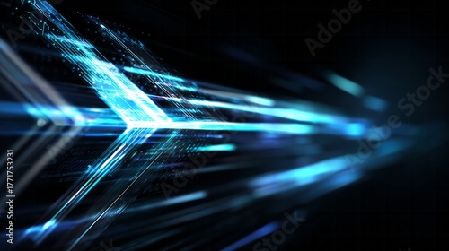 Bright blue abstract digital energy streams rush forward into a dark background