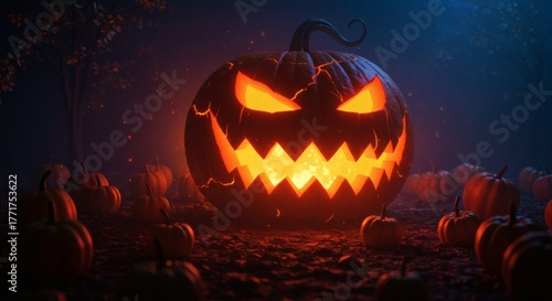 Giant Spooky Glowing Pumpkin with Fiery Cracks and Carved Evil Face Illuminates Dark Eerie Halloween Night Among Smaller Gourds