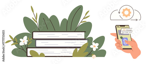 Stack of books surrounded by leaves and flowers, smartphone displaying data, and cloud sync. Ideal for education, technology, knowledge sharing, e-learning, nature connection, sustainability simple