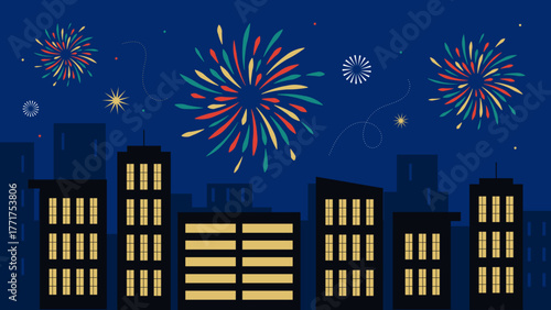 Illustration vectorielle d'une ville avec des immeubles de nuit avec un feu d'artifice dans le ciel