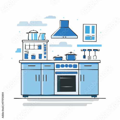 Sleek and functional kitchen interior with modern blue cabinetry and essential cooking appliances. A minimalist design for a contemporary home culinary space