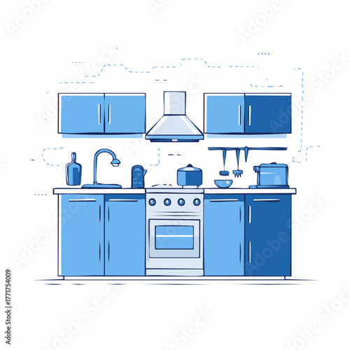 Modern blue kitchen interior illustration with cabinetry, stove, sink, and overhead hood, clean design
