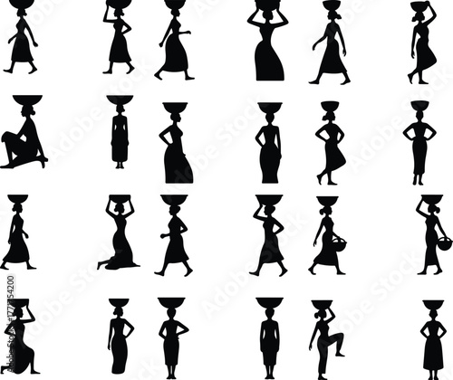 Woman Carrying Basket on Head Icon Set – Traditional Lifestyle Silhouette Rural Woman with Basket Illustration – Cultural Heritage Icon Collection