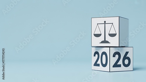 Concept of future legal balance and new regulations for the year 2026, shown with scales of justice icon on blocks