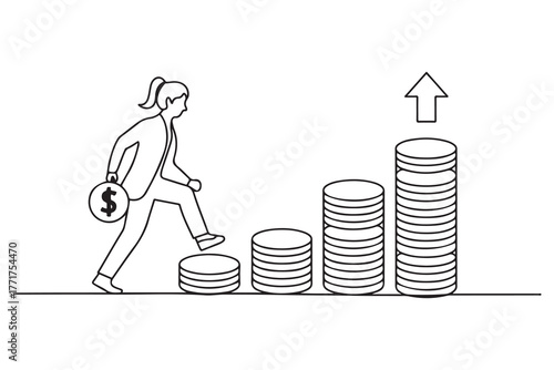 Drawing of businesswoman carrying money coin start step on compound money stack start invest. one line Icon drawing with white background