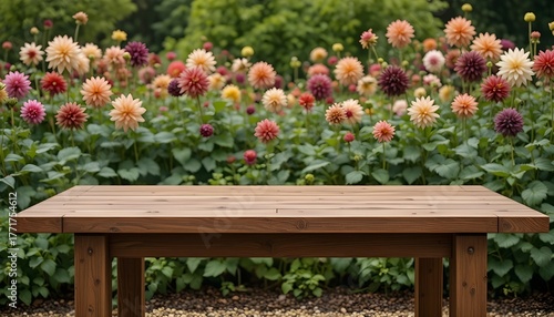 An empty wooden table in the foreground with a beautiful dahlia garden blurred in the background.