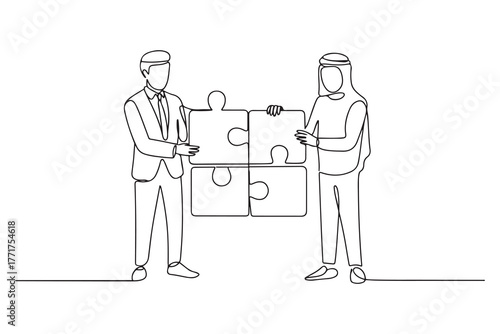 Drawing of arab businessman with friend connecting the puzzle. one line Icon drawing with white background