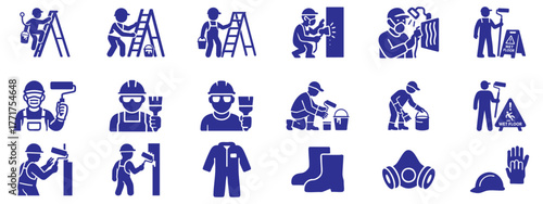 Painter Safety Filled Icons  Solid Vector Set of Painting Work, Protective Gear, and Workplace Safety Symbols