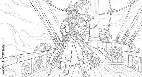Pirate Standing on Ship Deck with Swords and Sails