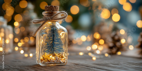 Glowing Mini Christmas Tree in a Glass Bottle. Tiny Christmas tree sealed in a glass bottle glows with warm fairy lights; a charming eco-friendly centerpiece for holiday decor and gifts.