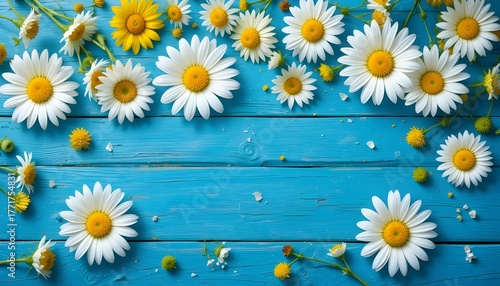 A bright and cheerful floral flat lay composition featuring white daisies and small yellow flowers scattered organically across a vibrant blue wooden background.