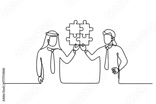 Drawing of arab businessman with friend connecting the puzzle. one line Icon drawing with white background