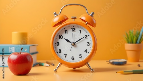 A 3D rendered illustration of an orange alarm clock placed beside a shiny red apple, surrounded by school equipment such as pencils, rulers, books, and paintbrushes.