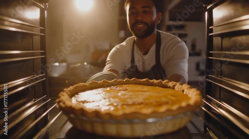 4K footage of baker taking freshly baked pumpkin pie out of oven with steam rising cozy tones and nostalgic atmosphere perfect for dessert advertising food promotions and holiday visuals