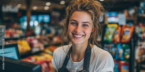 Smiling Cashier at Supermarket Checkout. A friendly female cashier greets shoppers at a supermarket checkout, scanning items with a warm, welcoming smile.