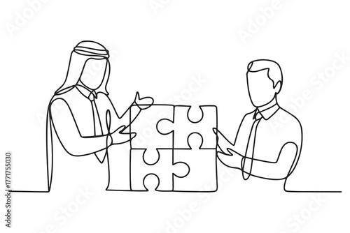 Drawing of arab businessman with friend connecting the puzzle. one line Icon drawing with white background