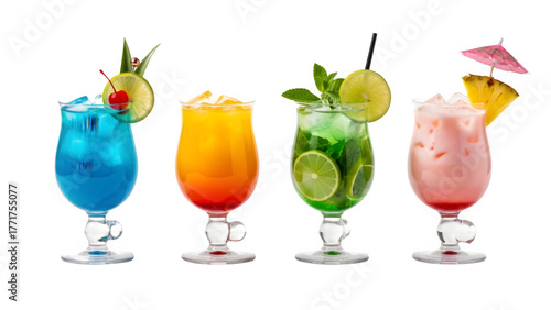 a set of cocktails: gin tonic, blue lagoon, tequila sunrise, iced irish coffee, pina colada, mai tai, cocktail with rum, whiskey, mojito, bar menu drinks, cocktails isolated PNG	