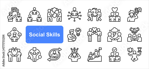 Social skills icon set with Communication, Collaboration, Teamwork, Empathy, Active listening, Conflict resolution, Adaptability simple line vector.
