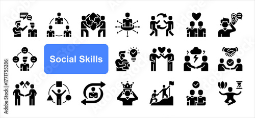 Social skills icon set with Communication, Collaboration, Teamwork, Empathy, Active listening, Conflict resolution, Adaptability simple vector.
