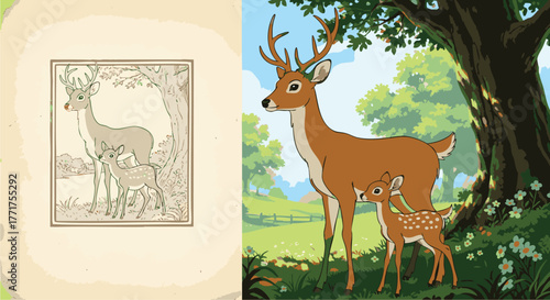 A Gentle Deer and Her Fawn in a Verdant Meadow A Hand-Drawn Illustration and a Realistic Depiction