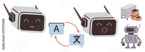 Robots using AI for language translation, illustrated with speech bubbles, arrows, and icons of servers and storage boxes. Ideal for AI, communication, globalization, translation, networking team