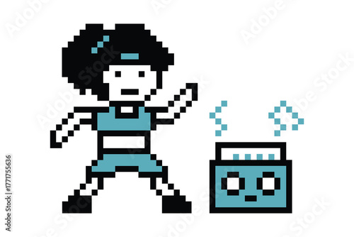 Cartoon pixel art character woman exercises training dance lifestyle music decoration life style 8 bit female girl dance with music game 8bit fitness vector.