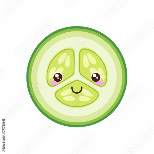 Cute kawaii cartoon cucumber slice with a happy face and rosy cheeks, isolated on white background