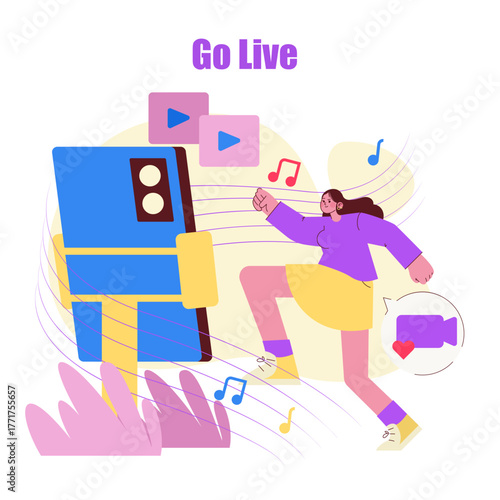 Woman Engaging with Music and Videos in Vector Art