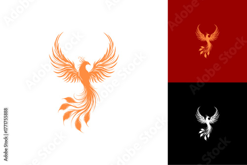 Phoenix Logo Design Orange Bird, Wings Spread, Rebirth, Fire, Emblem, Vector