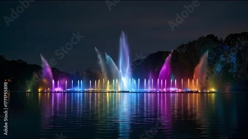 Colorful water fountain displayed during evening hours