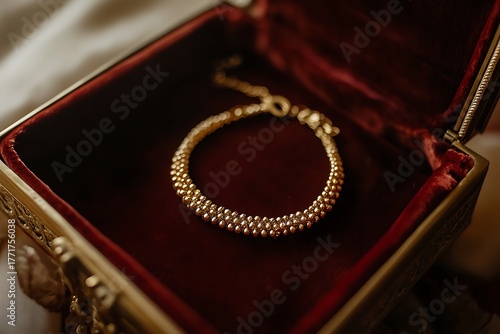 A gold choker necklace placed carefully inside a jewelry box.