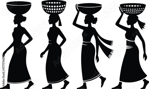Woman Carrying Basket on Head Icon Set – Traditional Lifestyle Silhouette Rural Woman with Basket Illustration – Cultural Heritage Icon Collection