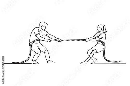 Drawing of Tug of war. Man and woman are pulling rope. one line Icon drawing with white background