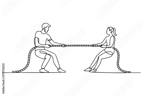 Drawing of Tug of war. Man and woman are pulling rope. one line Icon drawing with white background
