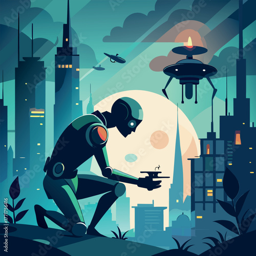 Silhouette of a humanoid robot repairing a flying drone under city lights