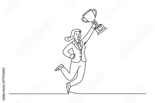 Cartoon of businesswoman jumps in the air with trophy cup in the hand getting recognition. one line Icon drawing with white background