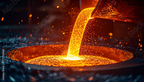 Hot molten steel being poured into a mold at a foundry, glowing orange metal stream, sparks flying