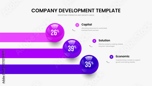 Corporate Review Three Element Infographic Presentation Design. Modern Campaign Slideshow Template Vector Illustration. Creative Briefing 3 Step Diagram Frame Layout.