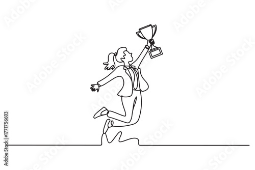 Cartoon of businesswoman jumps in the air with trophy cup in the hand getting recognition. one line Icon drawing with white background