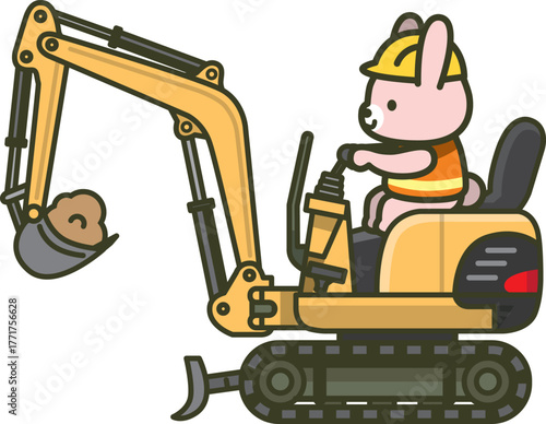真横の小型ショベルのイラスト（建設現場で使う重機・うさぎの作業員が操作）