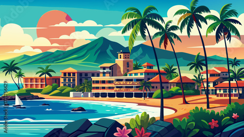 Very beautiful sea front view of the historic city of Kailua-Kona on the Big Island of Hawaii, USA, featuring turquoise waters, palm trees, and charming coastal buildings under sunny skies.