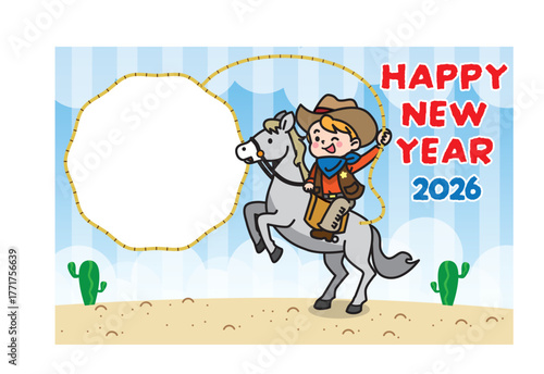 横向き構図のカウボーイ風フォトフレーム年賀状イラスト（干支・西部風・明るい新年デザイン）