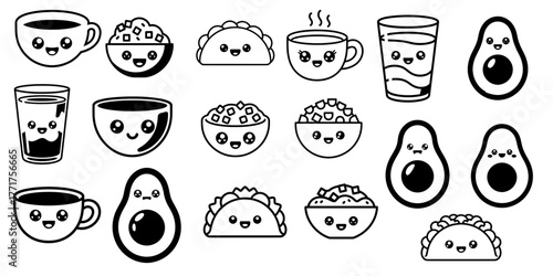 A cute collection of kawaii food and drink icons, including coffee and tacos.