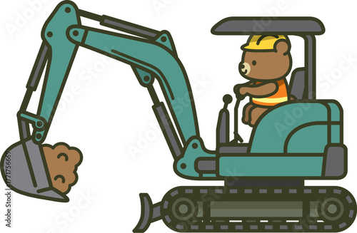 ミニショベル（ミニユンボ・油圧ショベル）を操作する熊の作業員のイラスト（建設機械・工事車両・作業現場）