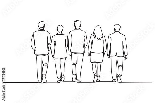 Drawing of rear view of a group of university students walking away. one line Icon drawing with white background