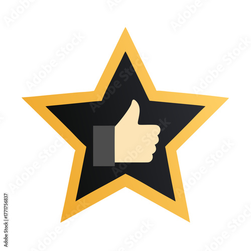 Black and gold star icon with thumbs up symbol in flat minimalist style on white background
