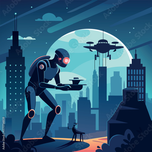 Silhouette of a humanoid robot repairing a flying drone under city lights
