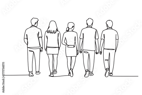 Drawing of rear view of a group of university students walking away. one line Icon drawing with white background