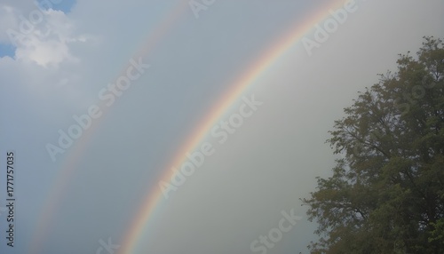 A bright and cheerful background featuring a clear blue sky with a vibrant rainbow arching across.